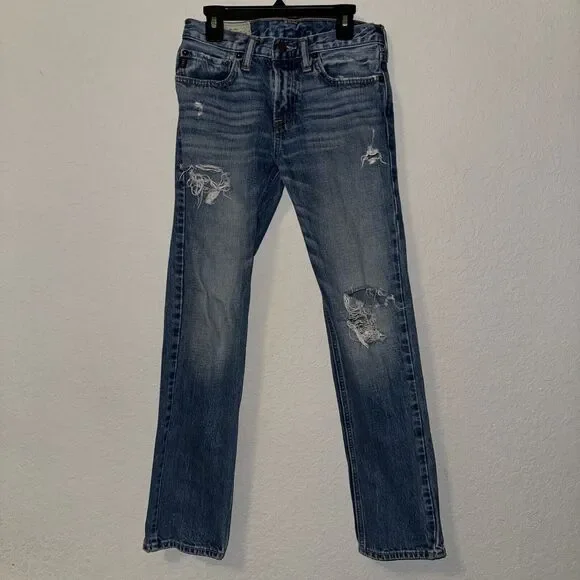 Abercrombie & Fitch Jeans Girls 16 Blue Denim 100% Cotton Slim-Fit Distressed - Picture 2 of 7